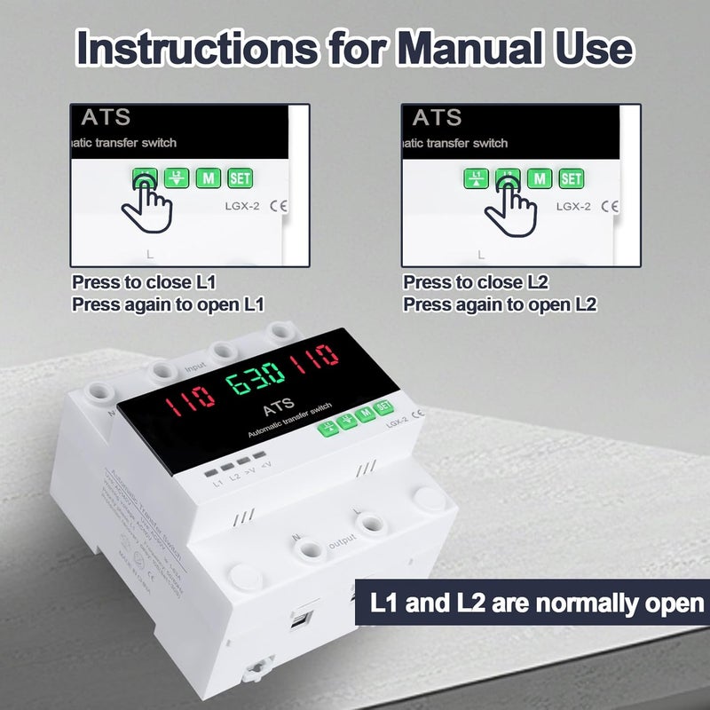 MARSTEK 63A 110V Automatic/Manual Transfer Switch, DIN Rail Mount 110V for Generator Backup Power & Gas Furnace, 50/60Hz, LED Display, CE Certified - Image 4